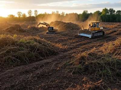 Excavator and bulldozer beside brush piles at sunset
